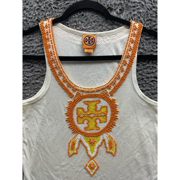 Tory Burch Beaded Logo Tank Top White Womens Size L - Picture 4 of 11